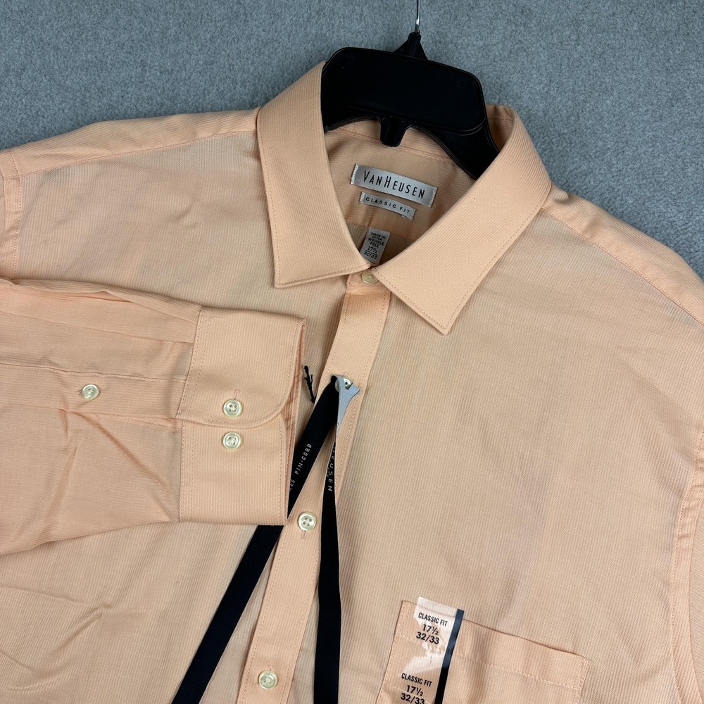 Van Heusen Dress Shirt Mens 17.5 32/33 Peach Classic Fit Wrinkle Free Button Up